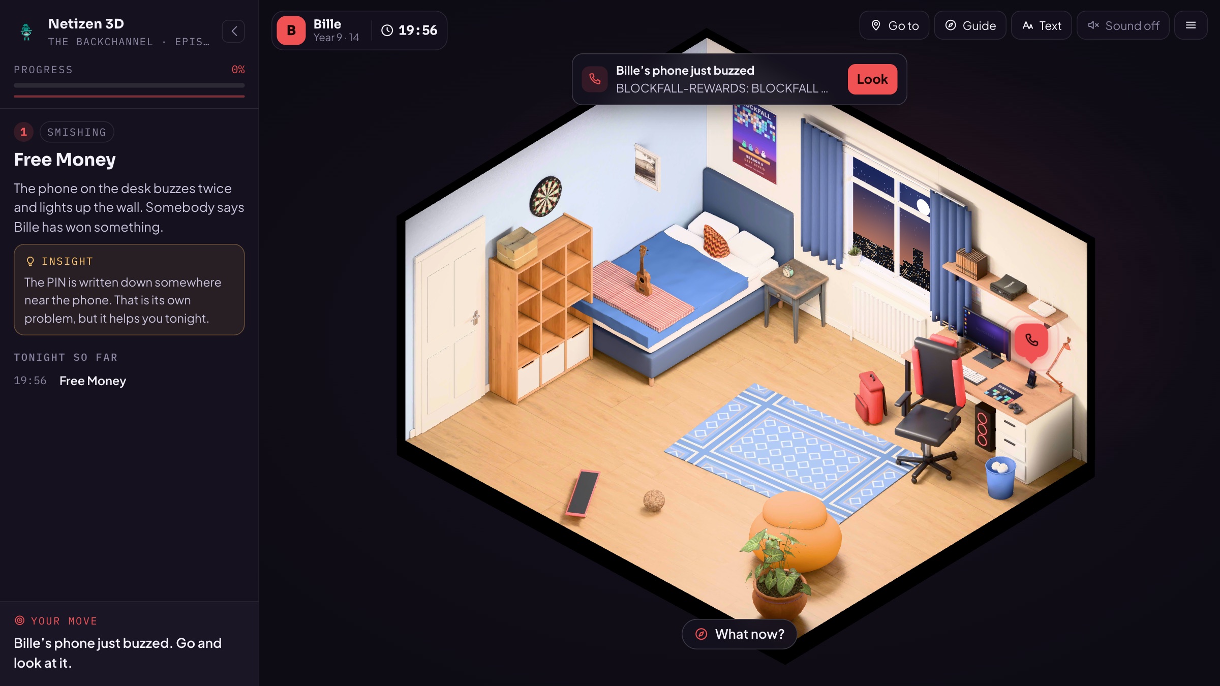 Bille's bedroom at night in 3D, with the story panel and a phone that has just buzzed