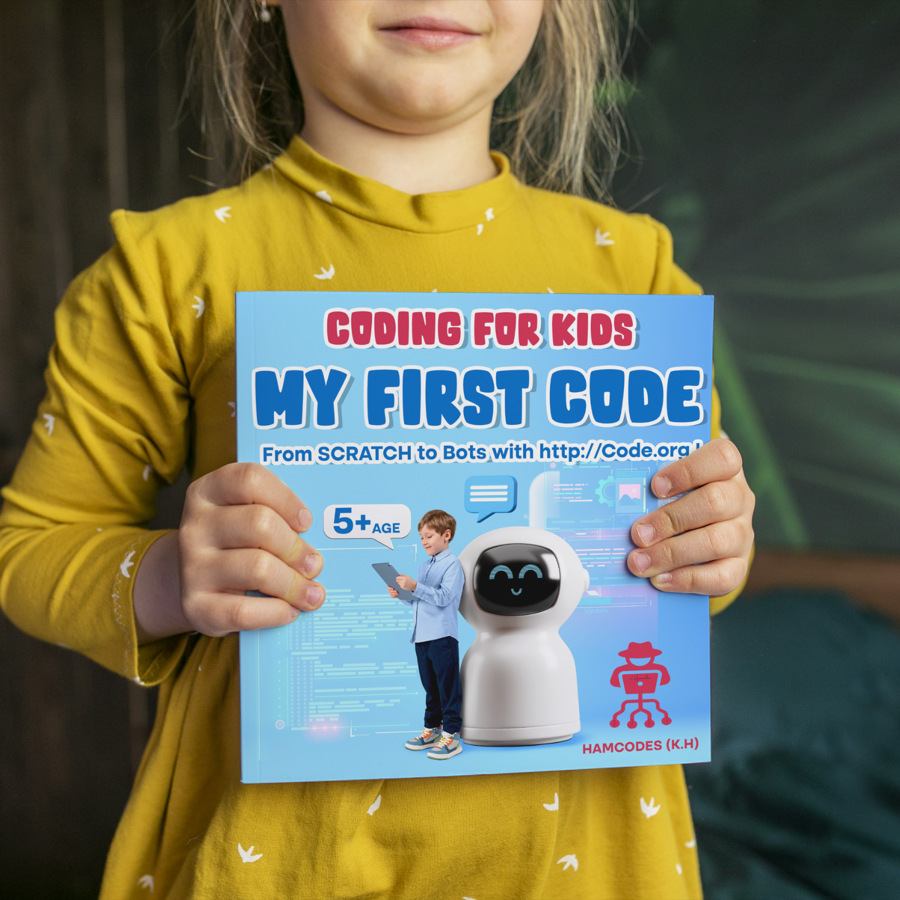 A child proudly holding the My First Code book