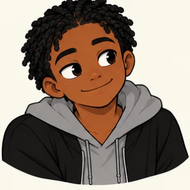 Bille, a boy with short twists in a black bomber jacket over a grey hoodie, with a smirk.