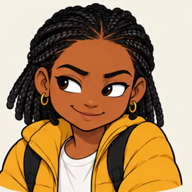 Jawu, a girl with braids and gold hoop earrings in a mustard yellow puffer jacket, with a sideways smile.
