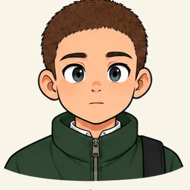 Juni, a boy with short brown hair and a dark green jacket, looking calm.
