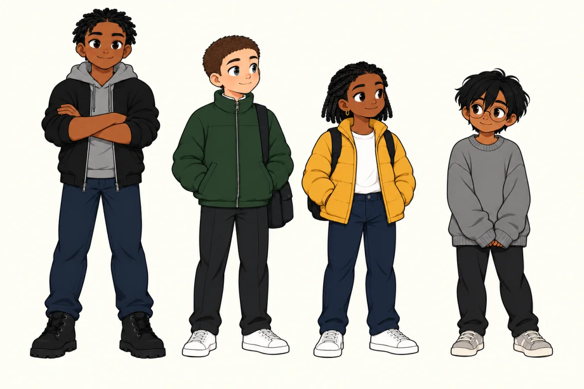 The four friends standing in a row: Bille in a black bomber jacket with his arms folded, Juni in a dark green jacket, Jawu in a yellow puffer jacket, and Sudde in a grey jumper.