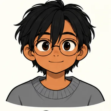Sudde, a boy with messy black hair, round glasses and a grey jumper, smiling.