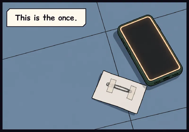 A crooked homemade paper badge lying face-down on the tiles beside the phone. Caption: This is the once.
