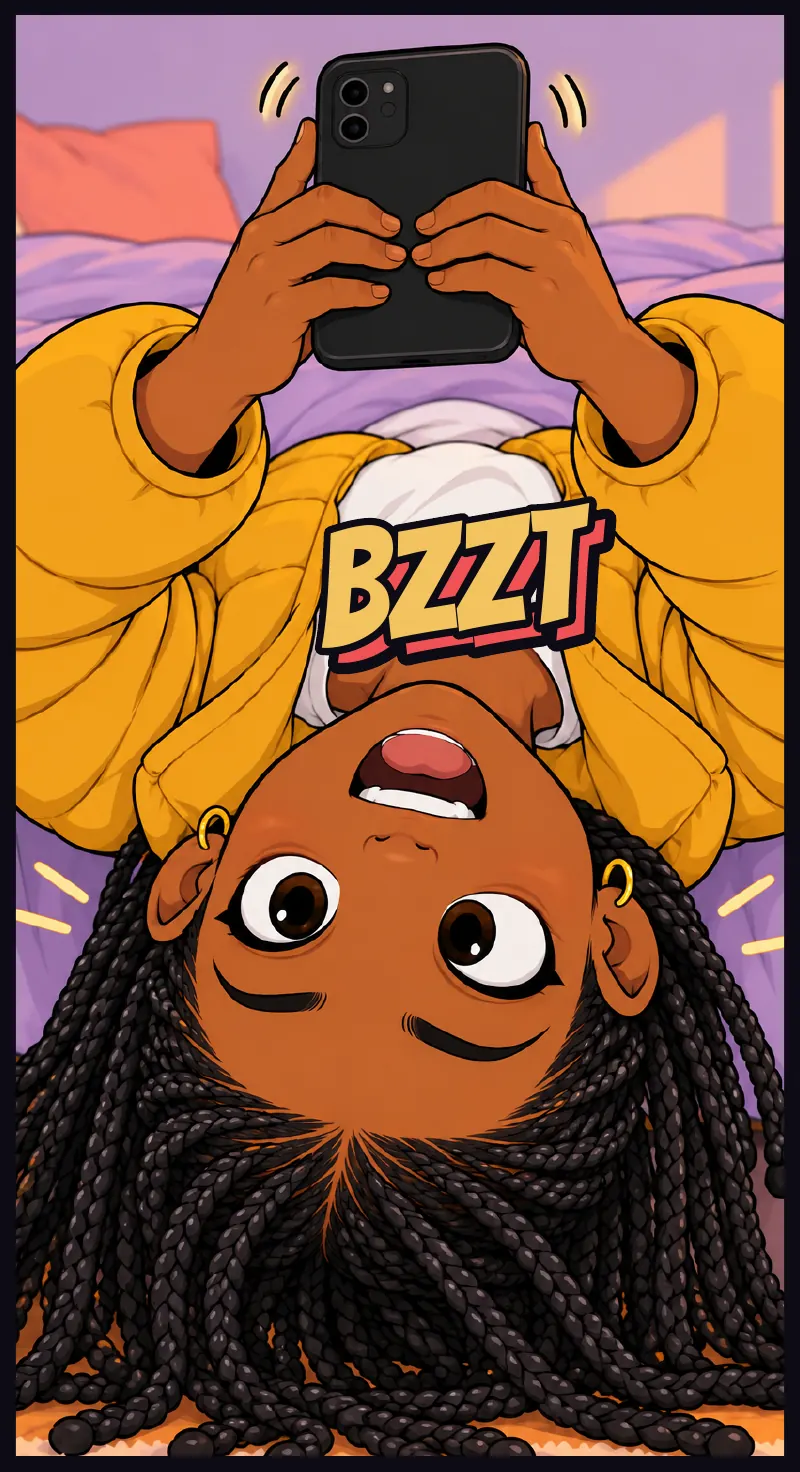 Tall close-up, still upside down: Jawu's face as the phone buzzes. Sound: BZZT
