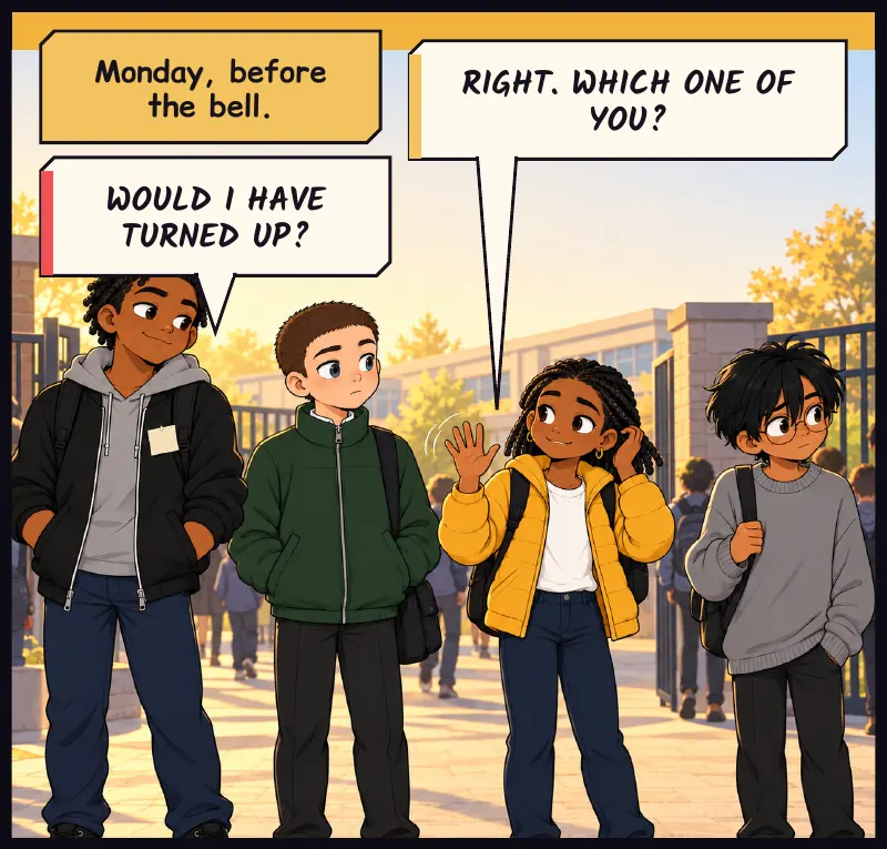 Monday morning. Four strangers at the school gate. Time: Monday, before the bell. Jawu: Right. Which one of you? Bille: Would I have turned up?