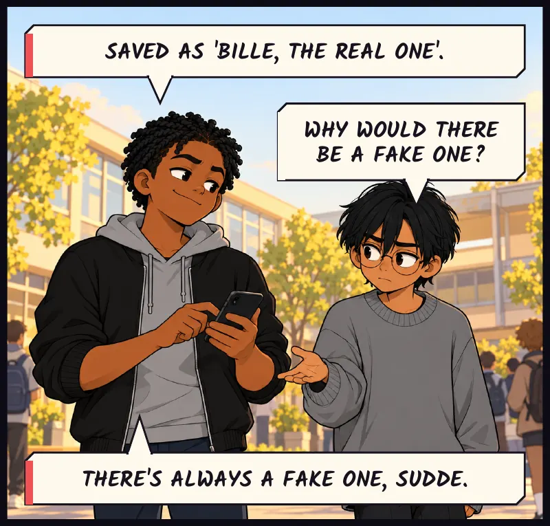 Swapping numbers face to face. Bille types his own contact into Sudde's phone. Bille: Saved as 'Bille, the real one'. Sudde: Why would there be a fake one? Bille: There's always a fake one, Sudde.