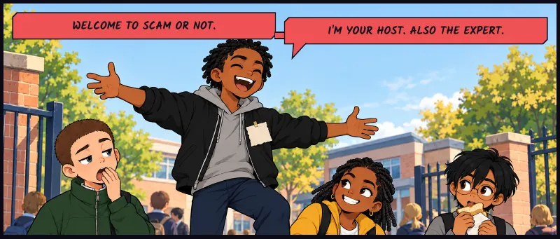 Big ensemble at the gate. Bille stands on the low wall wearing a crooked homemade paper badge, arms wide like a TV host. Bille: Welcome to SCAM OR NOT. Bille: I'm your host. Also the expert.