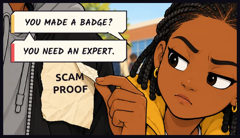 Corner inset: close on the badge. Marker lettering reads SCAM PROOF. On screen: SCAM PROOF Jawu: You made a badge? Bille: You need an expert.