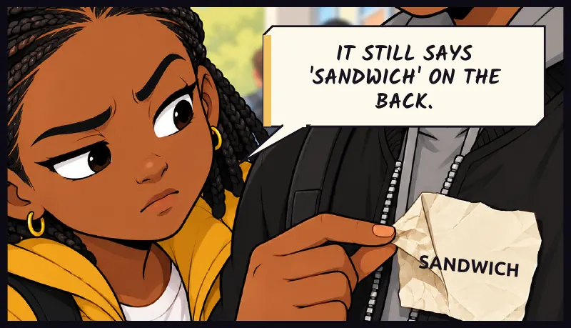 Corner inset: Jawu's fingers flip the corner of the badge. It is cut from a sandwich wrapper. Jawu: It still says 'sandwich' on the back.