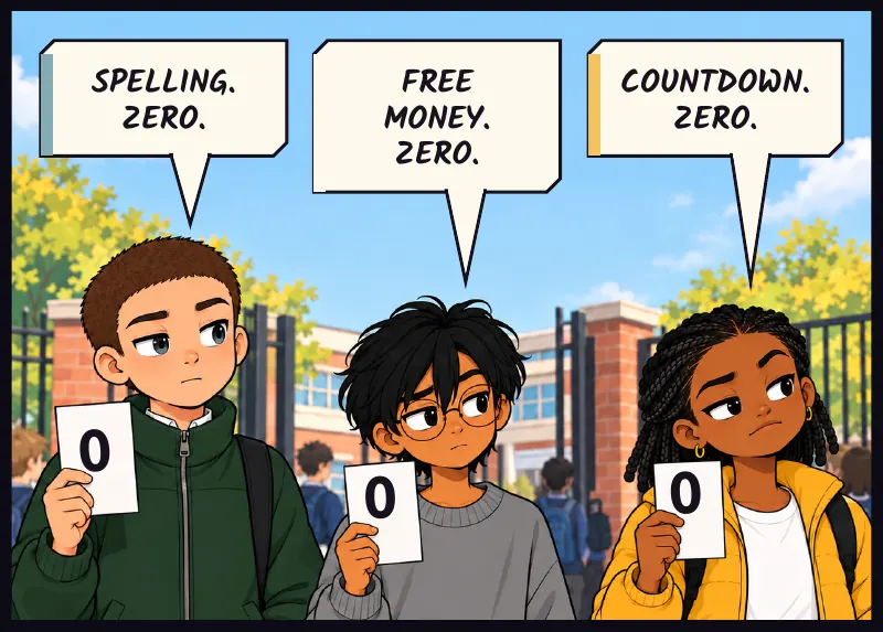 Juni, Sudde and Jawu raise blank score cards together, like judges. Each card gets a vector 0. Juni: Spelling. Zero. Sudde: Free money. Zero. Jawu: Countdown. Zero.