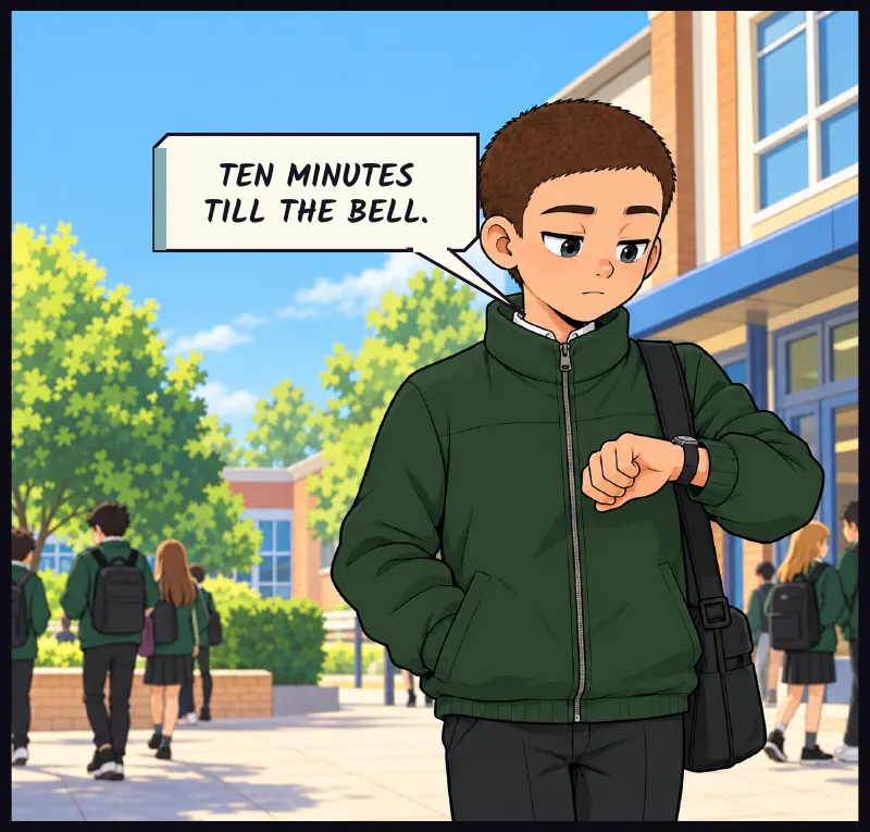 Juni glances at his watch, bag on his left shoulder. Juni: Ten minutes till the bell.
