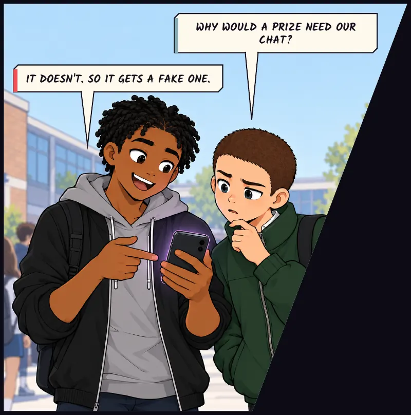 Juni beside Bille, looking at the phone. Juni: Why would a prize need our chat? Bille: It doesn't. So it gets a fake one.