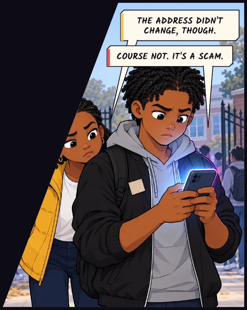 Jawu craning around Bille's shoulder at the address bar. Jawu: The address didn't change, though. Bille: Course not. It's a scam.