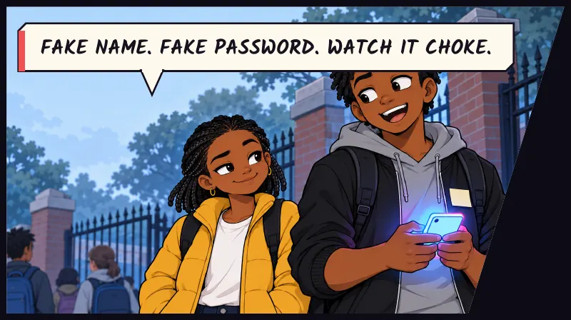 Bille typing fast with both thumbs while looking at Jawu, not at the screen. Bille: Fake name. Fake password. Watch it choke.