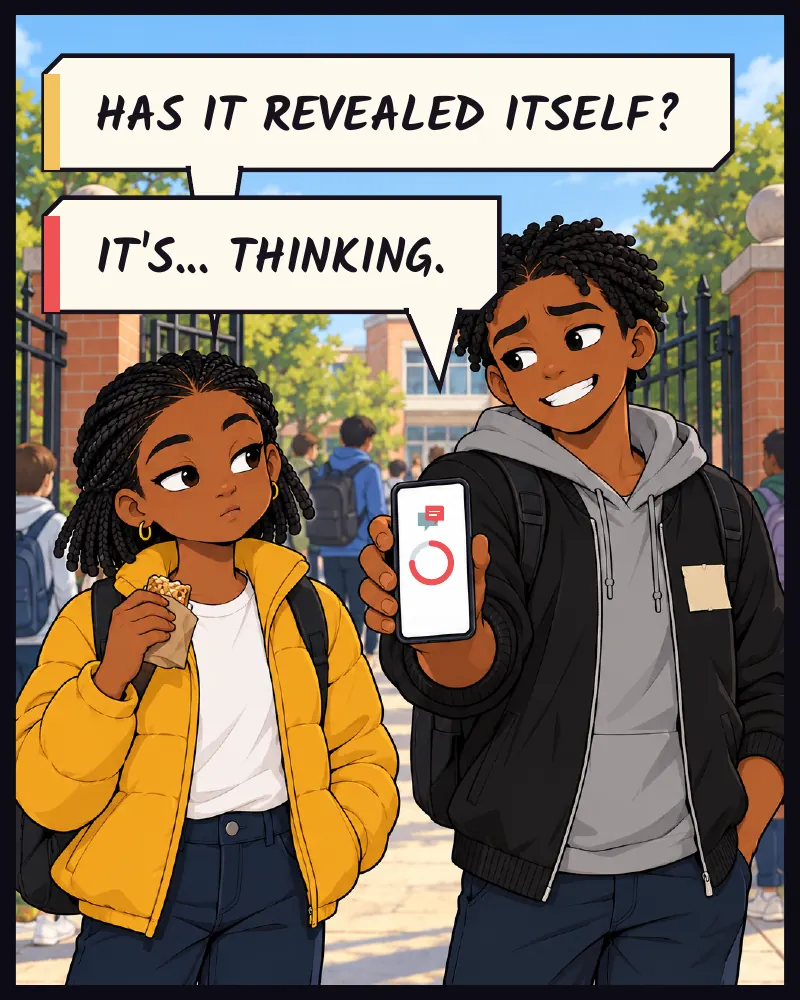 Bille holding up the phone over a spinning loading circle. Jawu: Has it revealed itself? Bille: It's... thinking.