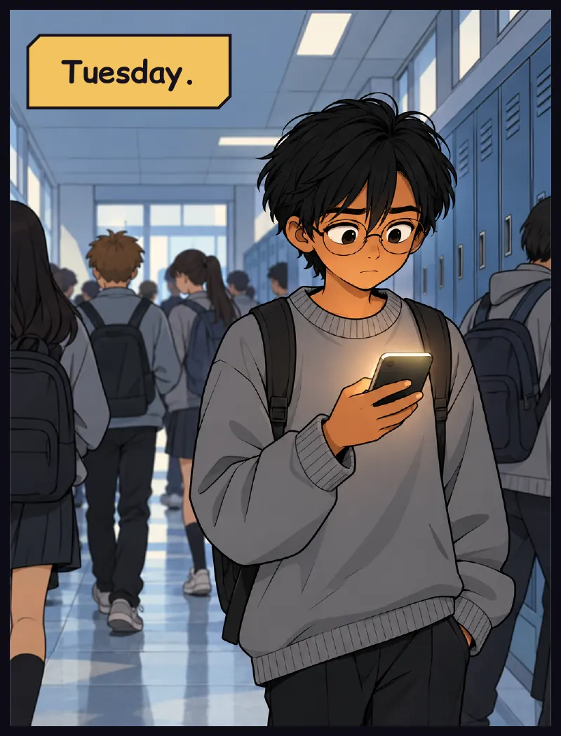 Tuesday. Sudde alone in a busy corridor, phone lighting up in his hand. Time: Tuesday.