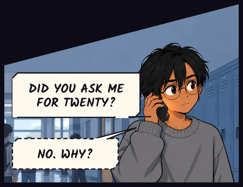 Split half: Sudde with the phone at his ear. Sudde: Did you ask me for twenty? Bille (phone): No. Why?
