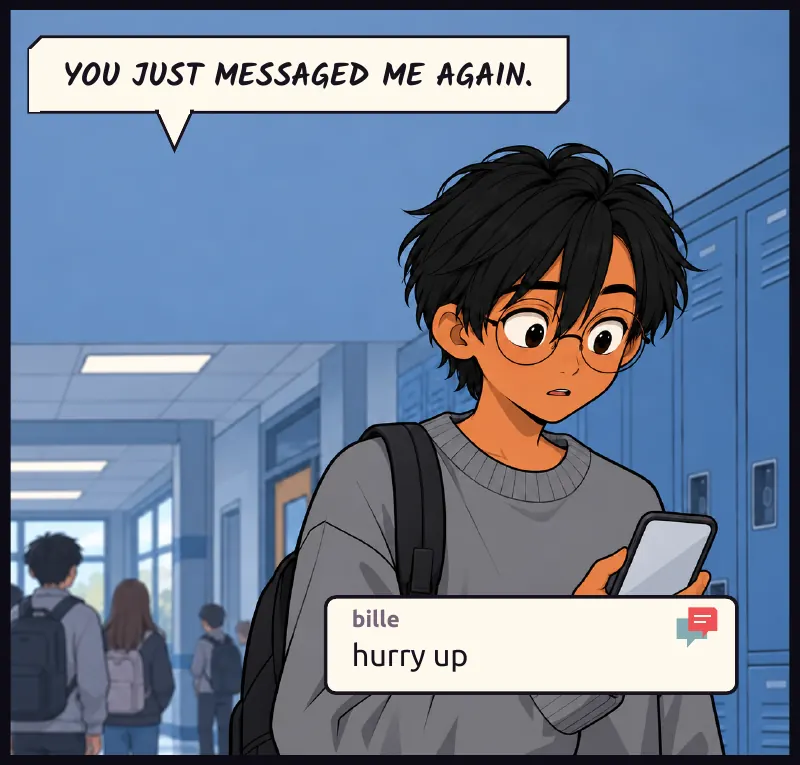 Sudde, still on the call, looks at his screen as a new message pops in. Chat, bille: hurry up Sudde: You just messaged me again.