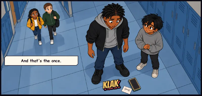 The composition of page 1, panel 3. Bille stands up; the phone hits the tile and the badge peels off his jacket and lands beside it. Caption: And that's the once. Sound: KLAK