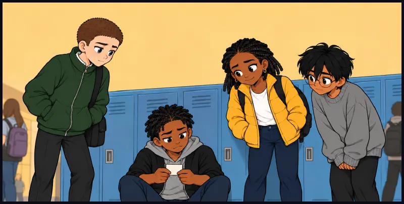 Bille slides down the lockers to sit on the floor, the badge in his hands. The other three stand around him.