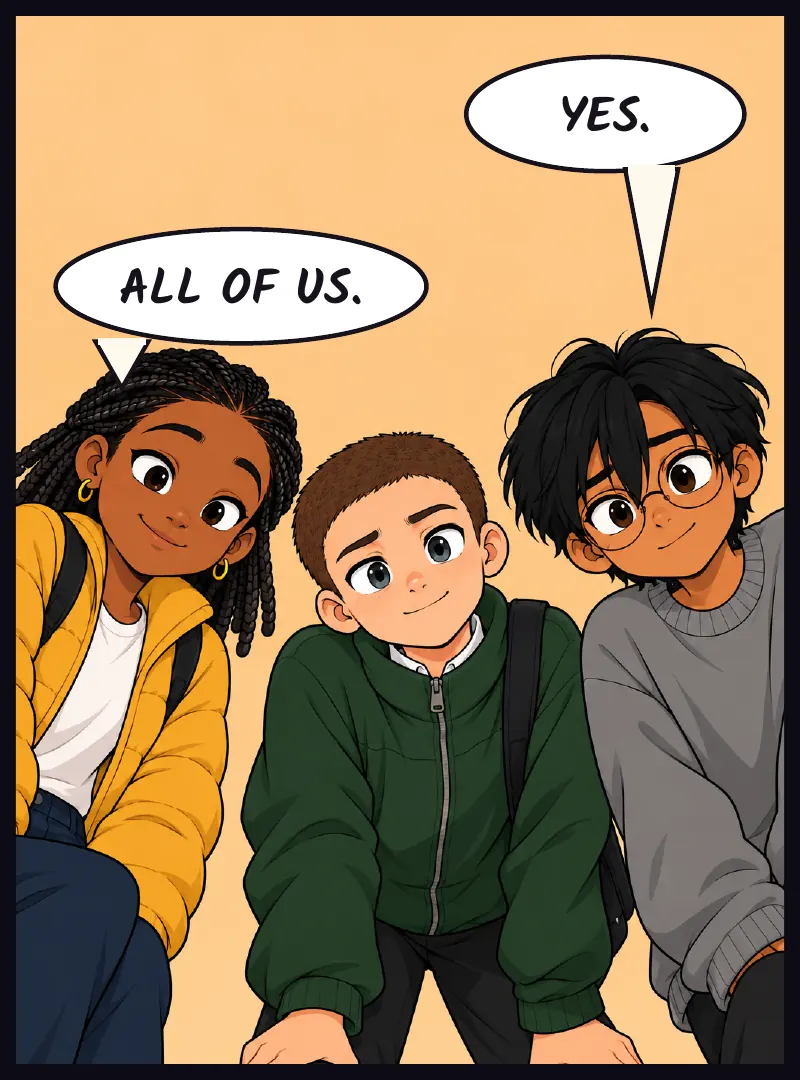 Three faces looking down at him. Sudde: Yes. Jawu: All of us.