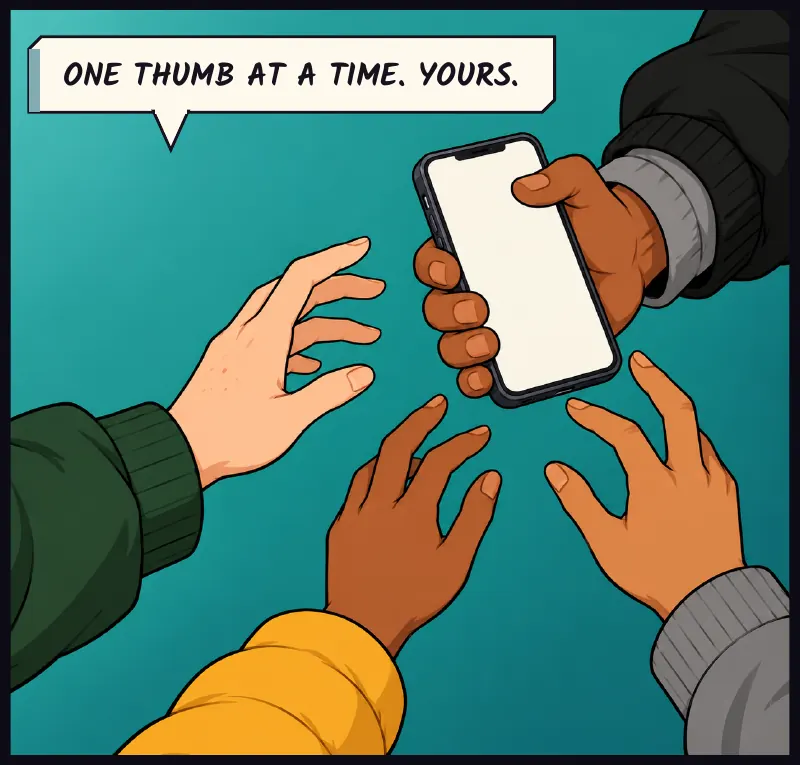 Three hands reach for one screen at once. Juni gently pulls his own hand back first. Juni: One thumb at a time. Yours.