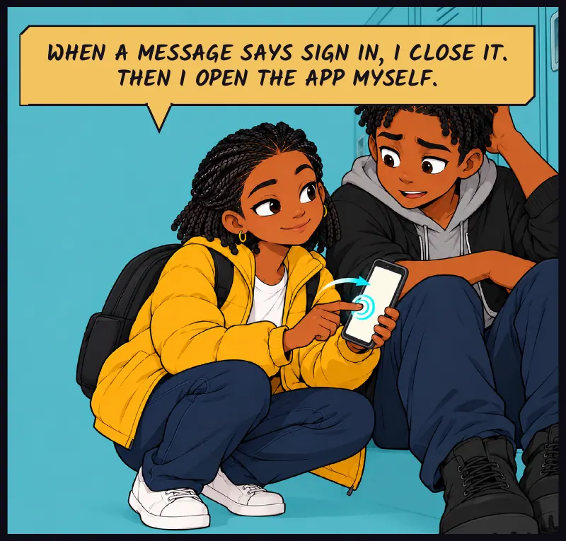 Jawu crouches beside Bille, showing him on her own phone: she swipes a message away, then taps an app icon. Jawu: When a message says sign in, I close it. Then I open the app myself.