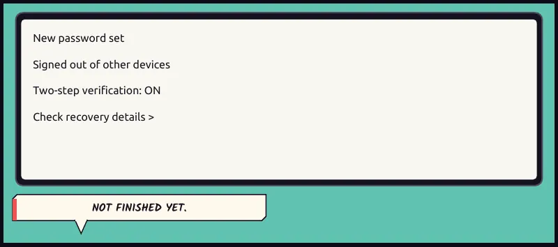 Phone insert: the real app's security settings. On screen: New password set On screen: Signed out of other devices On screen: Two-step verification: ON On screen: Check recovery details  > Bille (off): Not finished yet.