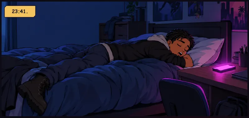 Bille's bedroom at night. He is asleep face-down on the bed, one boot still on: the mirror of Jawu on page 1. Time: 23:41.