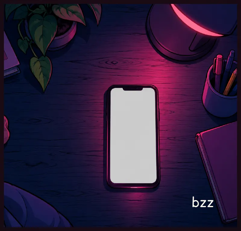 Small inset: the phone on the desk, lit. Sound: bzz