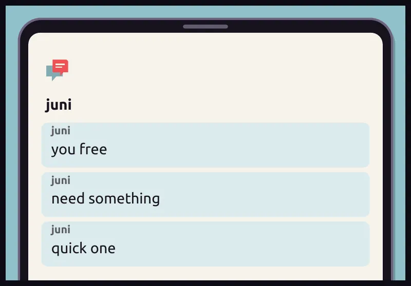 Phone insert: a direct message on Jawu's phone, arriving fast. On screen: juni Chat, juni: you free Chat, juni: need something Chat, juni: quick one