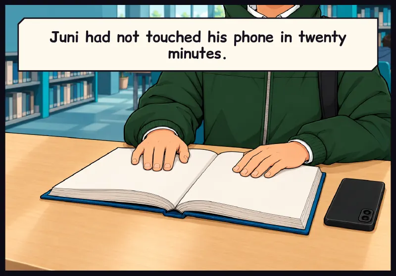 Juni's hands, both flat on an open library book. His phone lies face down beside them. Caption: Juni had not touched his phone in twenty minutes.
