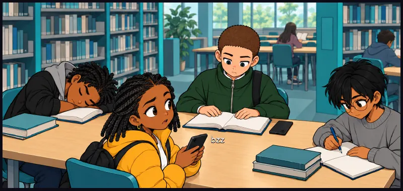 A library table. Jawu looks up from her phone at Juni, sitting directly across from her, reading. Sound: bzz