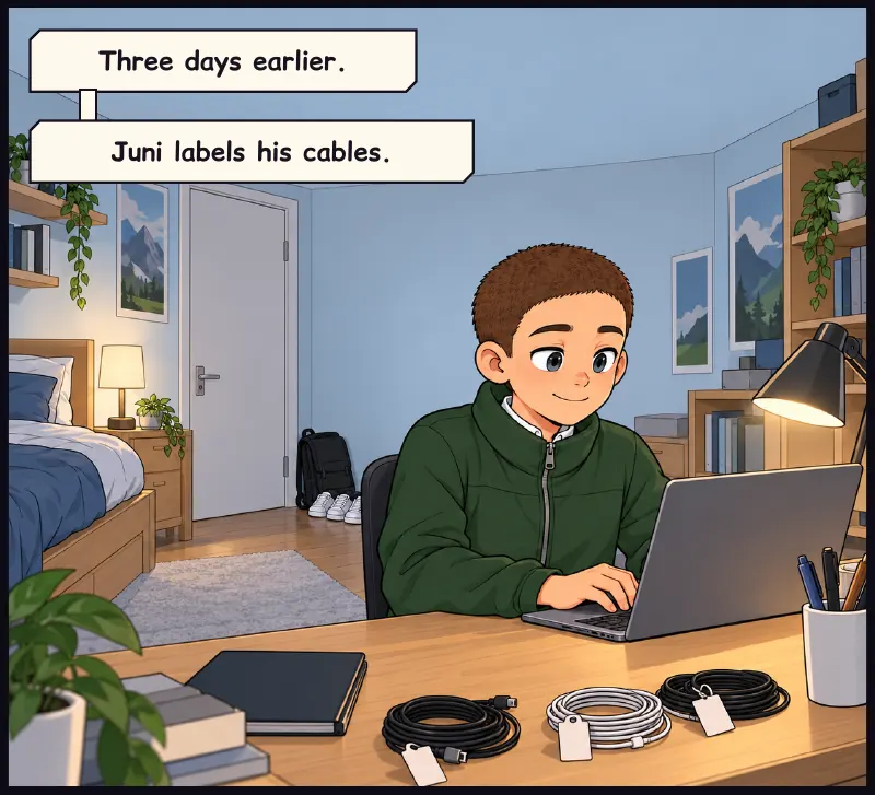 Juni's bedroom: shoes lined up, cables coiled and labelled, bag packed by the door. Caption: Three days earlier. Caption: Juni labels his cables.