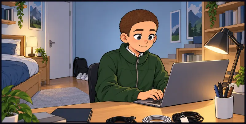 Friday night. Juni signing in on his laptop, sitting up straight, tidy desk.