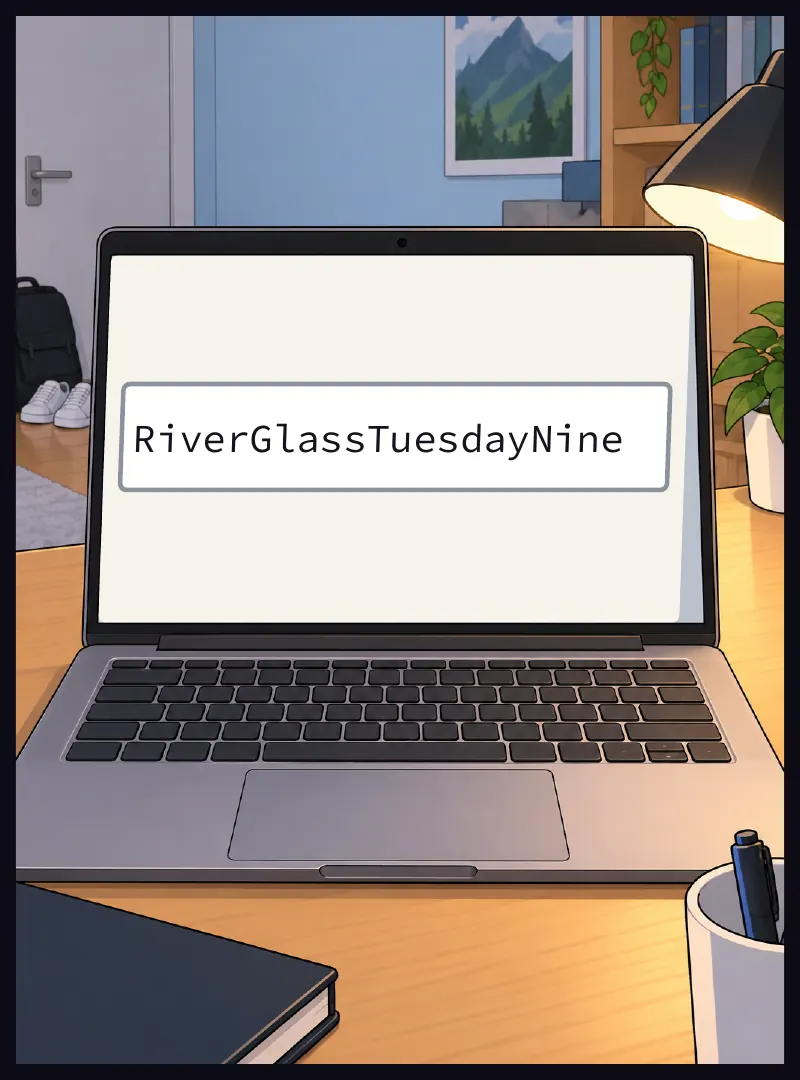 Close on the laptop: a password field, filled in and visible. A good password: four words, long. On screen: RiverGlassTuesdayNine