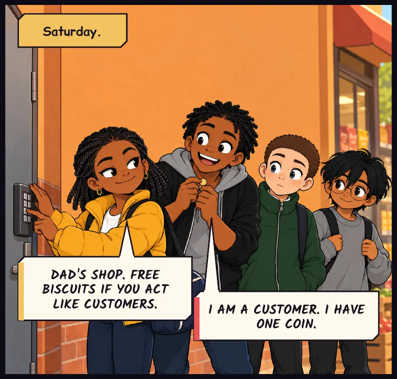 Saturday. Outside a small corner shop. Time: Saturday. Jawu: Dad's shop. Free biscuits if you act like customers. Bille: I am a customer. I have one coin.