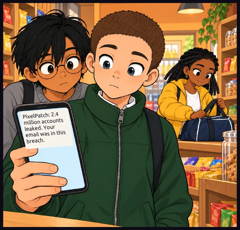 Inside the shop. In the background Jawu dumps her PE bag behind the counter. On screen: PixelPatch: 2.4 million accounts leaked. Your email was in this breach.