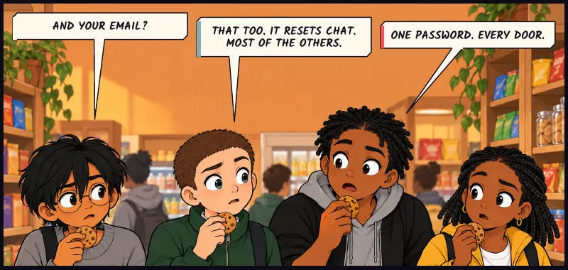 All four at the shop counter, biscuits frozen halfway to their mouths, getting it at the same moment. Sudde: And your email? Juni: That too. It resets Chat. Most of the others. Bille: One password. Every door.