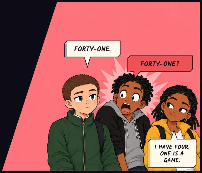 Juni, calm. Bille and Jawu reacting. Juni: Forty-one. Bille: FORTY-ONE? Jawu: I have four. One is a game.