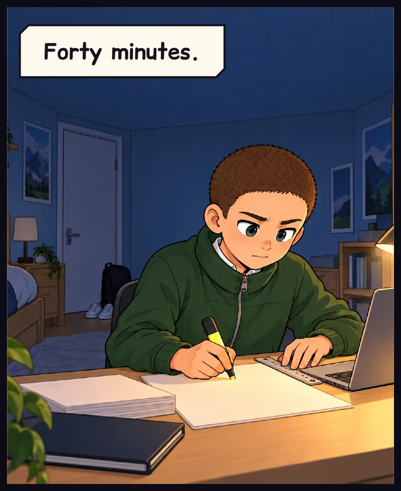 Saturday night. Juni at his desk with a printed list, a ruler and a highlighter. Caption: Forty minutes.