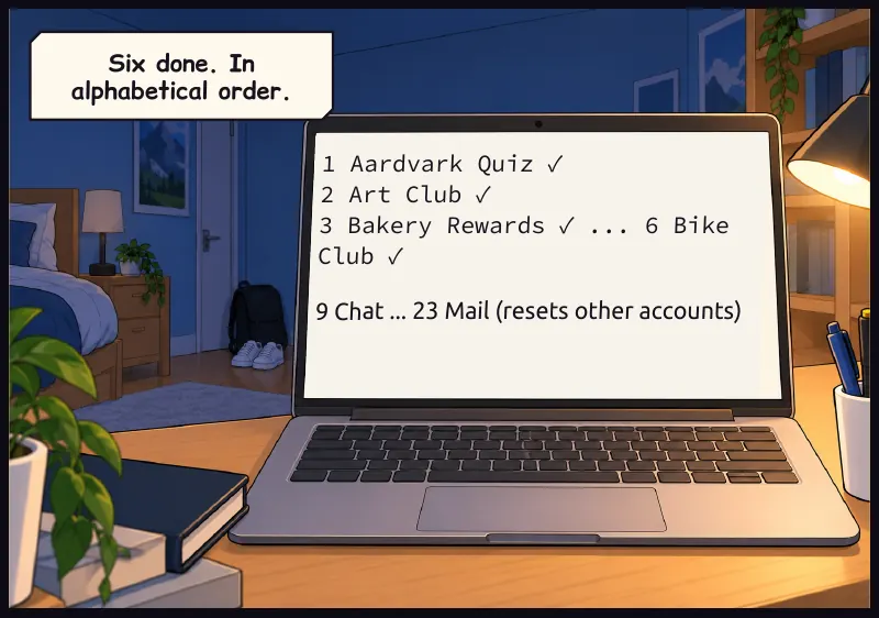 Close on the laptop: his list of accounts, in alphabetical order. Six ticked. On screen: 1 Aardvark Quiz ✓  2 Art Club ✓  3 Bakery Rewards ✓ ... 6 Bike Club ✓ On screen: 9 Chat ... 23 Mail (resets other accounts) Caption: Six done. In alphabetical order.