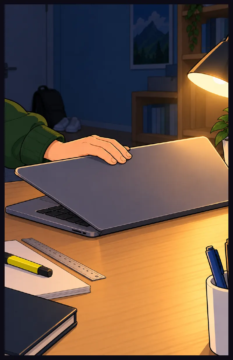 His hand closing the laptop lid.