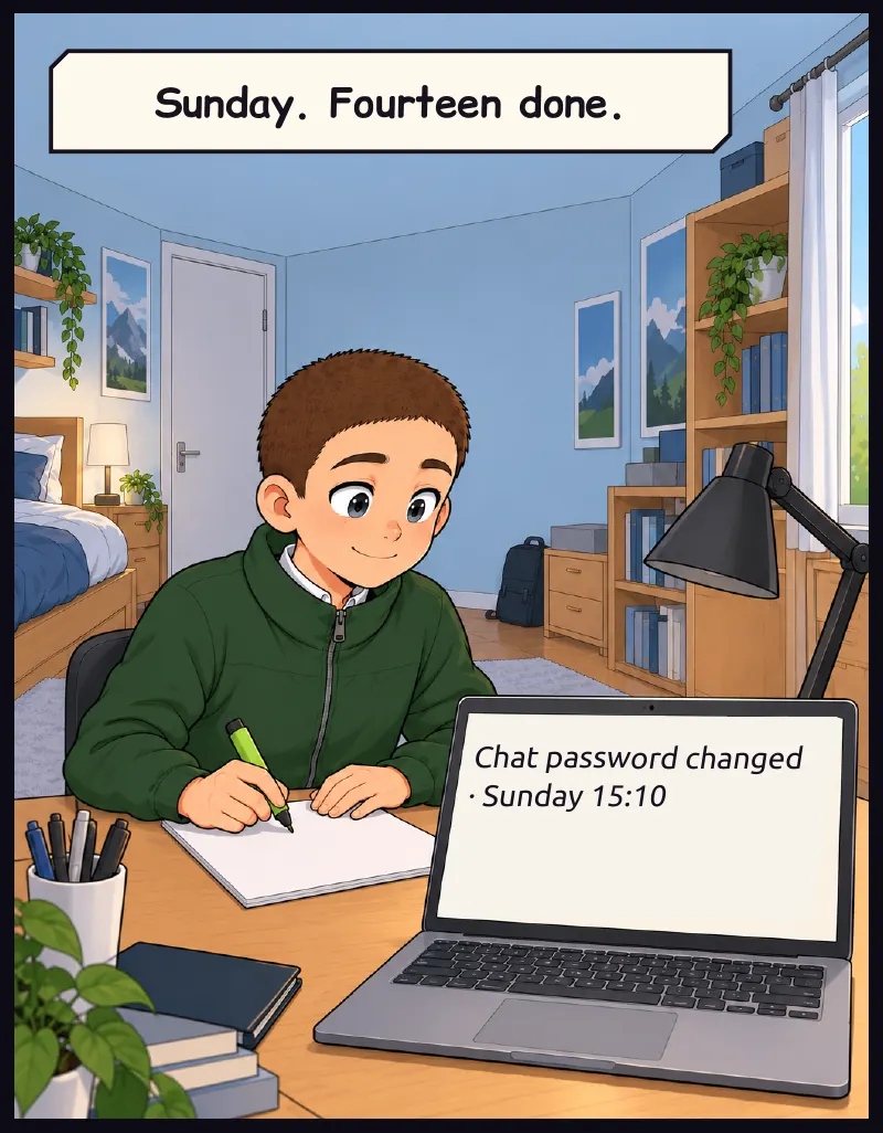 Sunday afternoon. Juni at the same desk, list now longer with ticks. On screen: Chat password changed · Sunday 15:10 Caption: Sunday. Fourteen done.