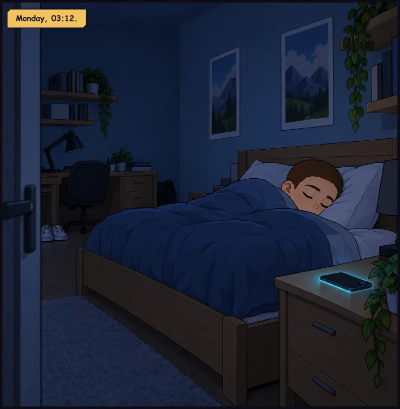 Juni's dark bedroom, seen from the doorway. He is asleep. Time: Monday, 03:12.