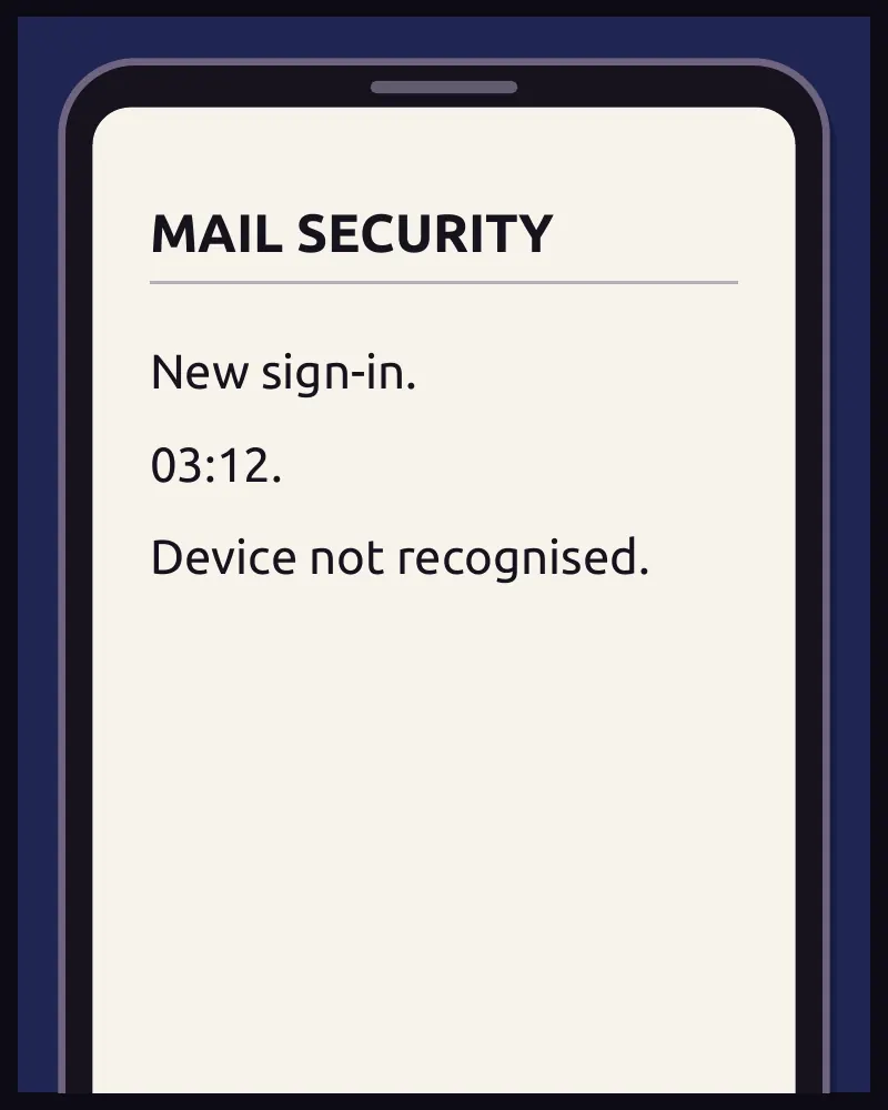 What the screen says, the side Juni never sees. On screen: MAIL SECURITY  New sign-in. 03:12. Device not recognised.