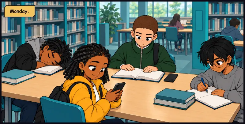 Monday, the library. The four at a table. Time: Monday.