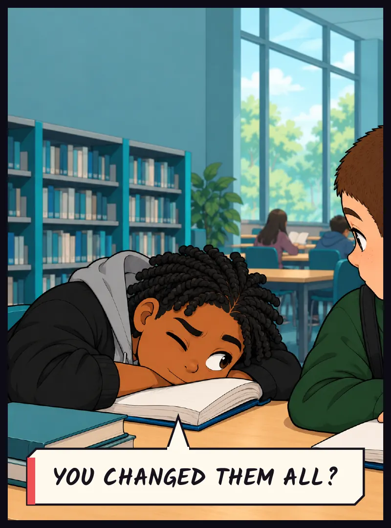 Bille, cheek squashed on his book, one eye open at Juni. Bille: You changed them all?