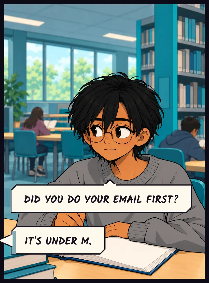 Sudde, pen paused. Sudde: Did you do your email first? Juni: It's under M.
